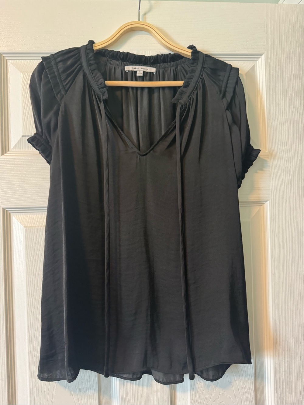Naked Zebra Black Ruffle-Trim Tie-Neck Blouse